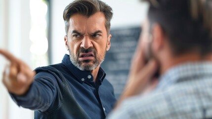Angry man with beard and mustache pointing finger at another man.