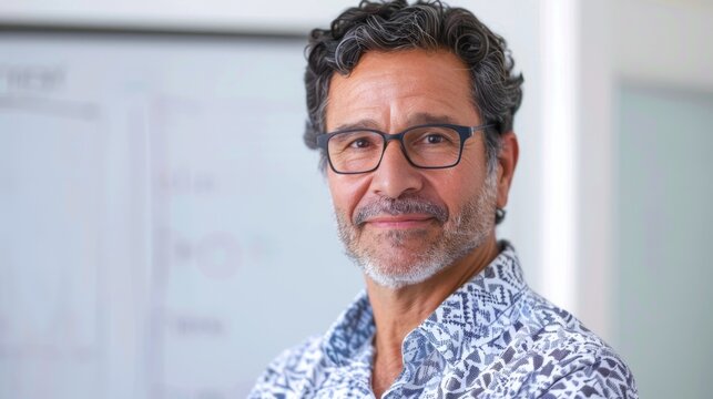 The image shows a man with a beard and glasses wearing a patterned shirt standing in front of a whiteboard with writing on it suggesting a professional or educational setting.