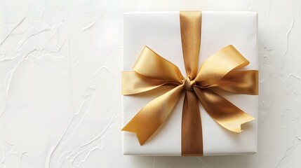White gift box with a golden ribbon on a white background, shown from a top view, as a copy space concept for a Happy Mother's Day or Women’s Day banner design template.

