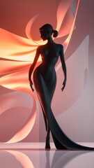Elegant Silhouette of a Woman in Stylish Gown Amidst Abstract Orange Background