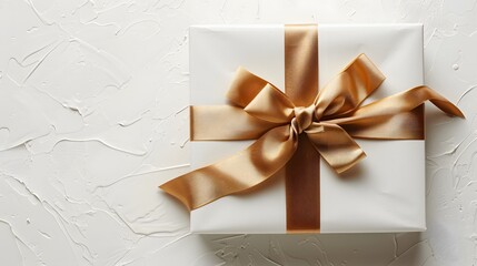 White gift box with a golden ribbon on a white background, shown from a top view, as a copy space concept for a Happy Mother's Day or Women’s Day banner design template.
