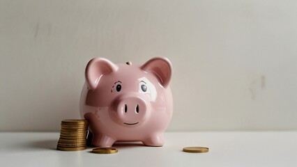 cute piggy bank and gold coin with white background