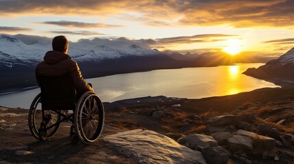 Fototapeta premium A wheelchair user appreciates a beautiful, vibrant landscape, a testament to adventure and exploration, regardless of disability