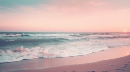 Obraz premium Beautiful sunrise beach. Exotic shore, waves on bright sand, sea horizon. Closeup, Mediterranean dream, sunset sky. Peaceful tranquil relax. Positive energy meditation. High quality photo