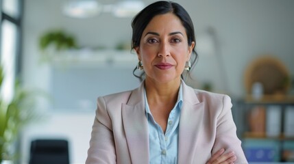 A professional woman with dark hair wearing a light pink blazer and a blue shirt standing in an office with a neutral background looking directly at the camera with a confident expression.