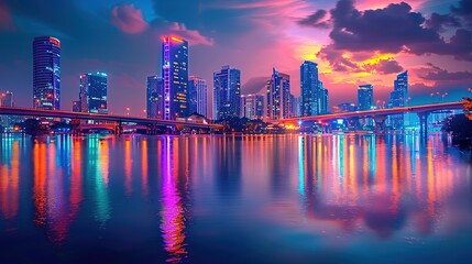 A city at night. There are many tall buildings and bridges. The water in the river is reflecting the lights of the city. The sky is dark and there are some stars.
