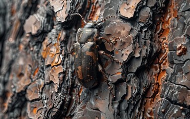 A close-up photograph of a bark beetle on a tree trunk. The beetle is black with yellow markings....