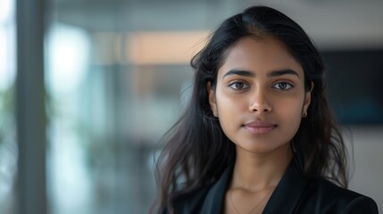 Obraz premium A young woman with a gentle expression looking slightly to her right with long dark hair and a hint of a smile wearing a dark blazer in a modern blurred indoor setting.
