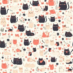 A cute and colorful pattern of cats in various poses, surrounded by flowers and plants