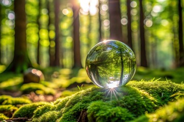 Crystal ball on moss in green forest forest Environmental concept, ecology and sustainable environment of the world.