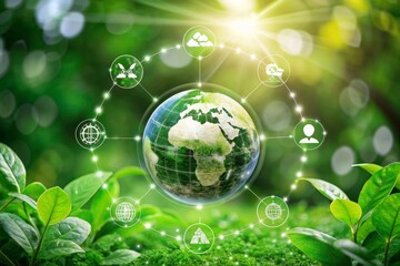 Environmental technology concept. Sustainable development goals. SDGs. Green Earth with Environment icons. Saving the environment