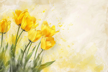 painting watercolor flower background illustration floral nature. Yellow tulips  flower background for greeting cards weddings or birthdays. Copy space. 