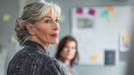 A woman with grey hair wearing a blue blazer looking serious and engaged in a conversation with a woman