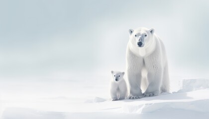 Polar bears walks in extreme winter weather, standing above snow with a view of the frost mountains