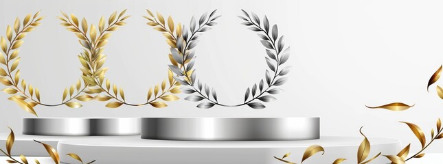 Pedestal Laurel Wreath Gold Silver, Award Trophy Elegant Luxury, Victory Achievement Success, Celebration