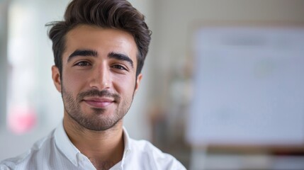 A young man with a beard smiling at the camera wearing a white shirt with a blurred whiteboard in the background.