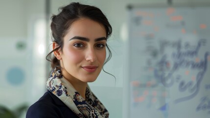 A woman with a confident smile wearing a stylish scarf standing in front of a whiteboard with colorful notes.