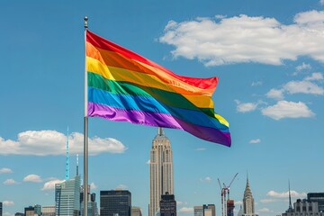 Naklejka premium Vibrant Rainbow Flag Fluttering Proudly at Iconic Landmark, Advocating for Diversity Visibility.