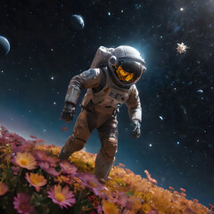 Fototapeta premium astronaut in a space suit walking on a flower bed