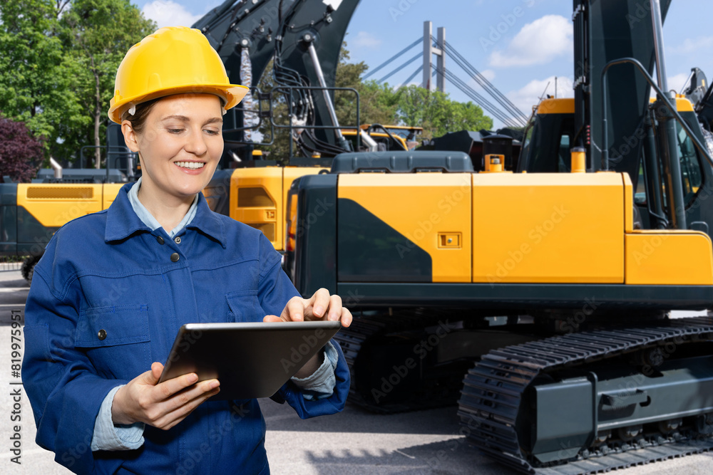 Poster female engineer in a helmet with a digital tablet stands next to construction excavators..