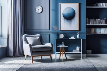 Fototapeta premium Elegant Modern Living Room with Blue Accents and Minimalist Decor