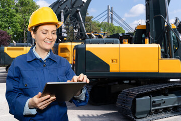 Female engineer in a helmet with a digital tablet stands next to construction excavators..
