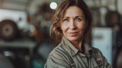Woman in uniform smiling with short brown hair standing in a workshop with blurred background of tools and equipment.