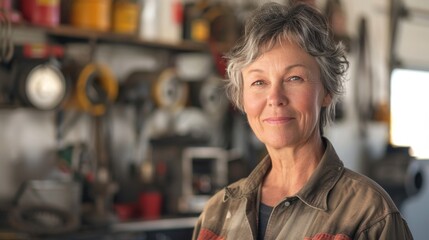 A smiling woman with short gray hair wearing a brown jacket standing in a workshop with shelves filled with various tools and equipment. - Powered by Adobe