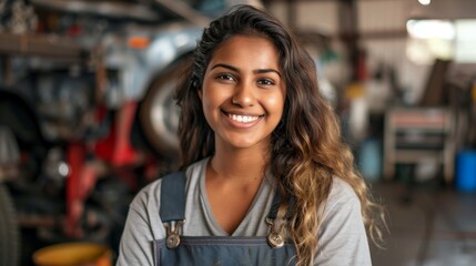 Young woman with long hair smiling wearing blue overalls standing in a workshop with various tools and equipment in the background.