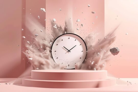 A blank podium showcase with an exploding clock as the central element
