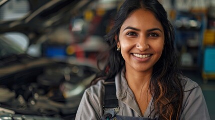 Smiling woman in mechanic's uniform standing in front of open car hood.