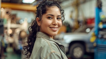Young woman with curly hair smiling in a workshop with blurred background of vehicles and equipment.