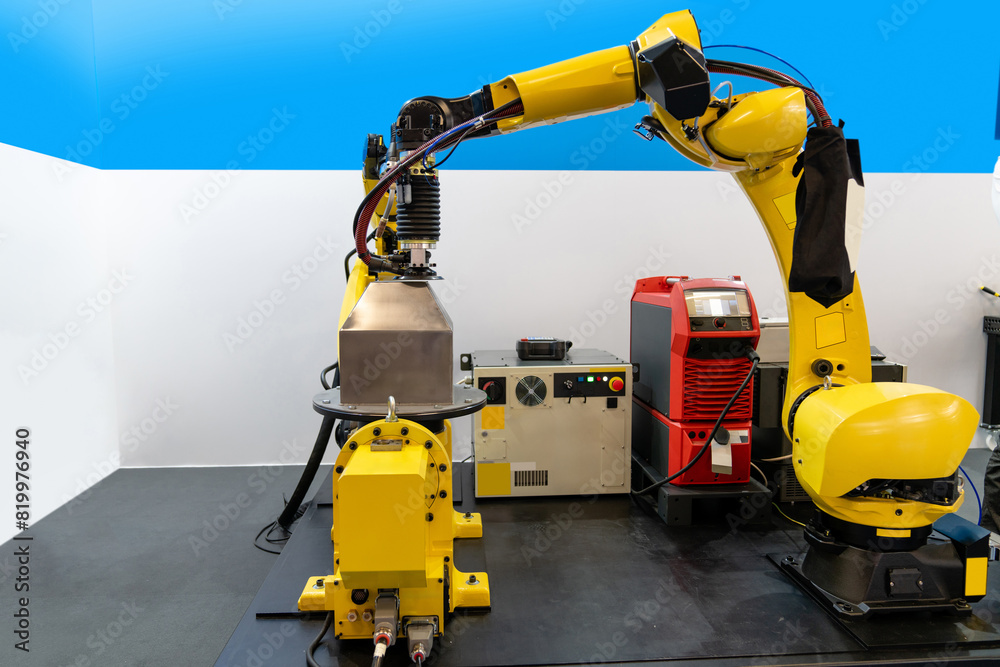 Poster welding robot arms on a smart factory.