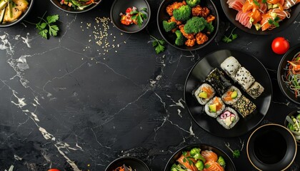 A creative scene featuring a top view of a diverse selection of fusion Asian dishes arranged around a black marble surface