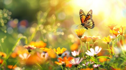 A beautiful butterfly flying above a vibrant wildflower on a bright day