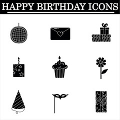 Set of birthday simple icons on the white background. Celebration black icons. Isolated vector.