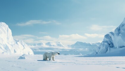 Polar bears walks in extreme winter weather, standing above snow with a view of the frost mountains
