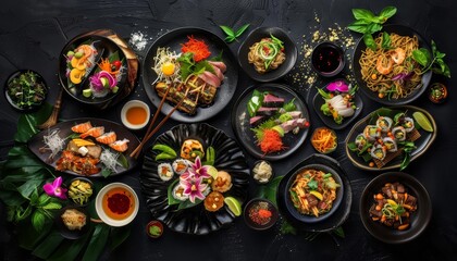 Fototapeta premium A fantastical top view of an array of Asian dishes arranged around a dark