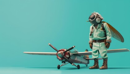 A fly in a pilots uniform, standing next to a small airplane against a solid teal background with copy space