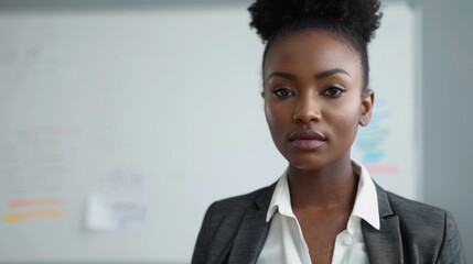 A poised woman with a confident gaze wearing a professional gray blazer and a crisp white shirt standing in front of a whiteboard with notes and diagrams.