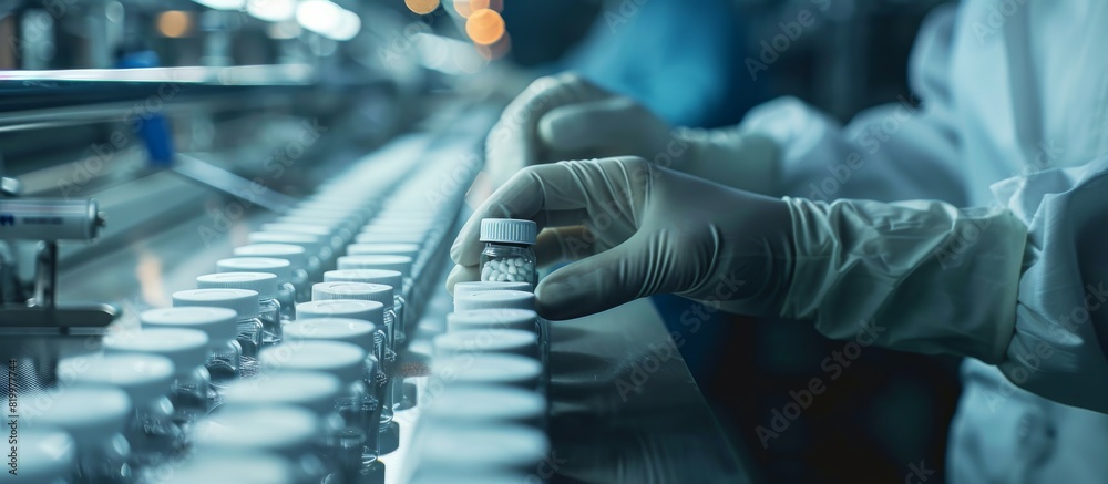 Poster a closeup shot captures gloved hands managing medication bottles in a pharmaceutical production line