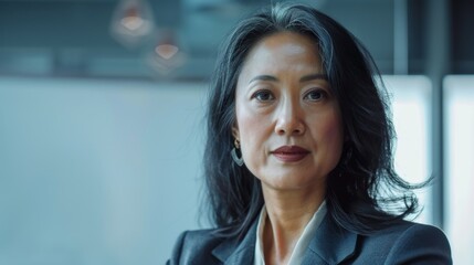 Asian woman with dark hair wearing a suit looking directly at the camera with a serious expression. - Powered by Adobe