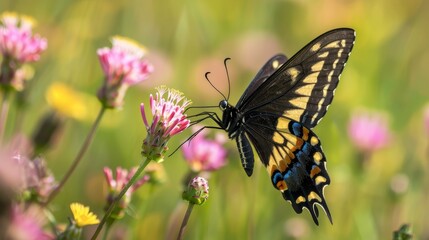 Naklejka premium A detailed shot of a butterfly captured in flight over a blooming wildflower