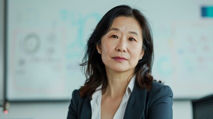 Asian woman with dark hair wearing a white blouse and a dark blazer sitting in front of a whiteboard with blue writing looking thoughtful.