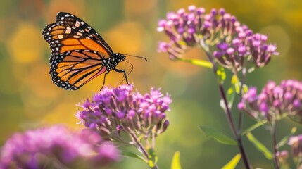 Fototapeta premium A detailed shot of a butterfly with intricate patterns flying over a wildflower