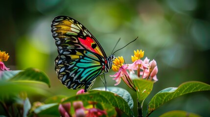A macro shot of a butterfly with bright colors on a blooming flower