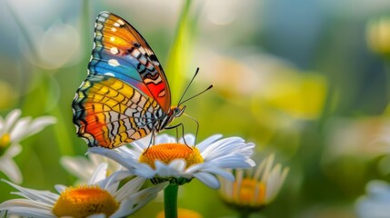 Obraz premium A butterfly with colorful wings resting on a plant in the garden