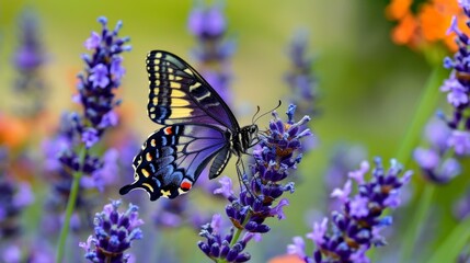 Obraz premium A butterfly with vivid colors perched on a lavender flower