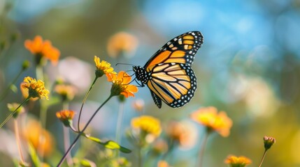 Obraz premium A closeup of a butterfly in flight over a wildflower on a sunny day