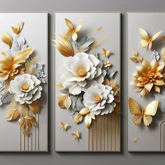 wall painting prepared for room decoration, 3-section, panel wall art, wall decoration, gold flowers and leaves on a marble background, interior design flowers pattern- Generative AI
